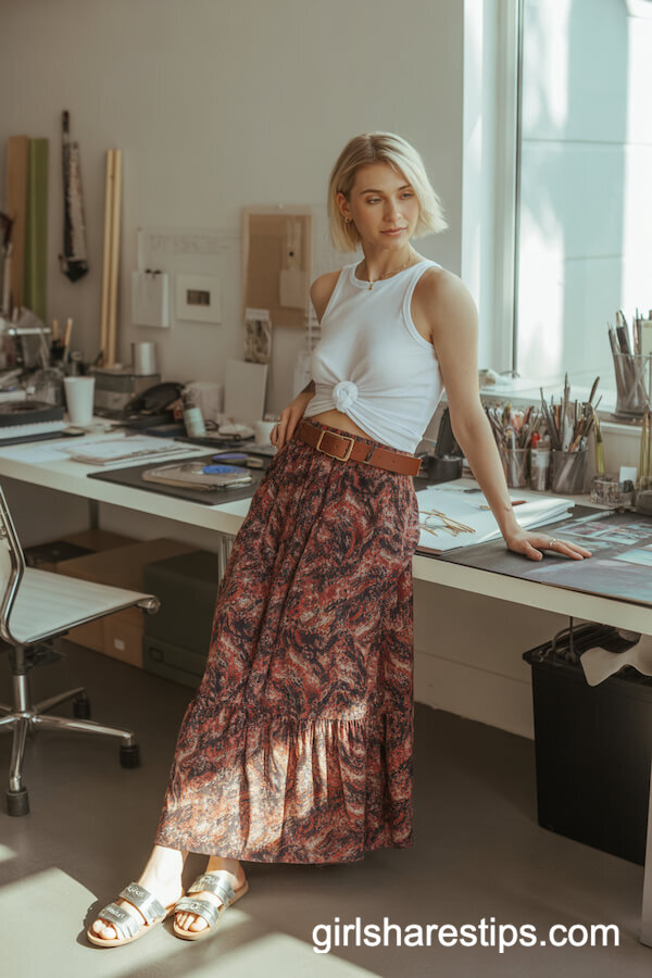 Bold Patterned Maxi Skirt with White Tank