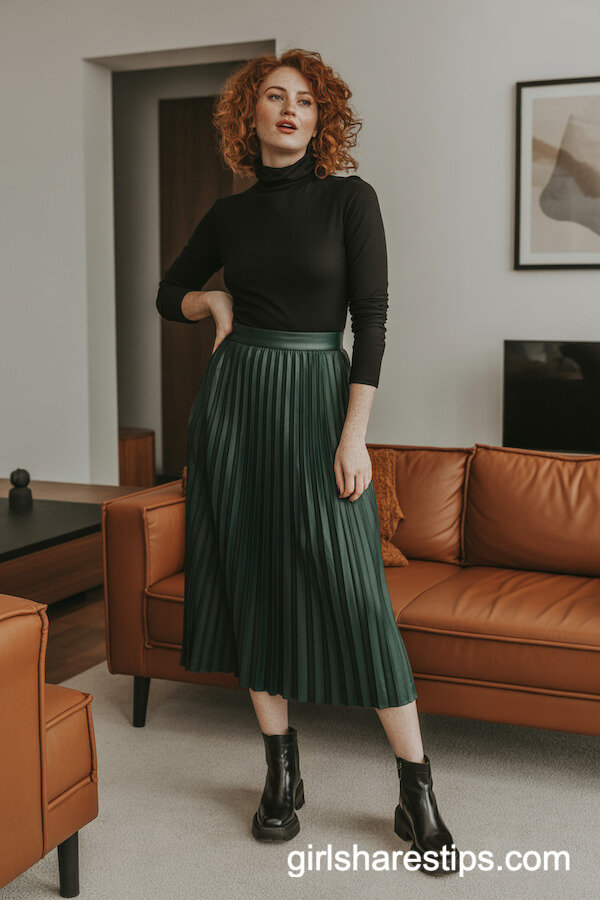 Forest Green Pleated Skirt with Black Turtleneck