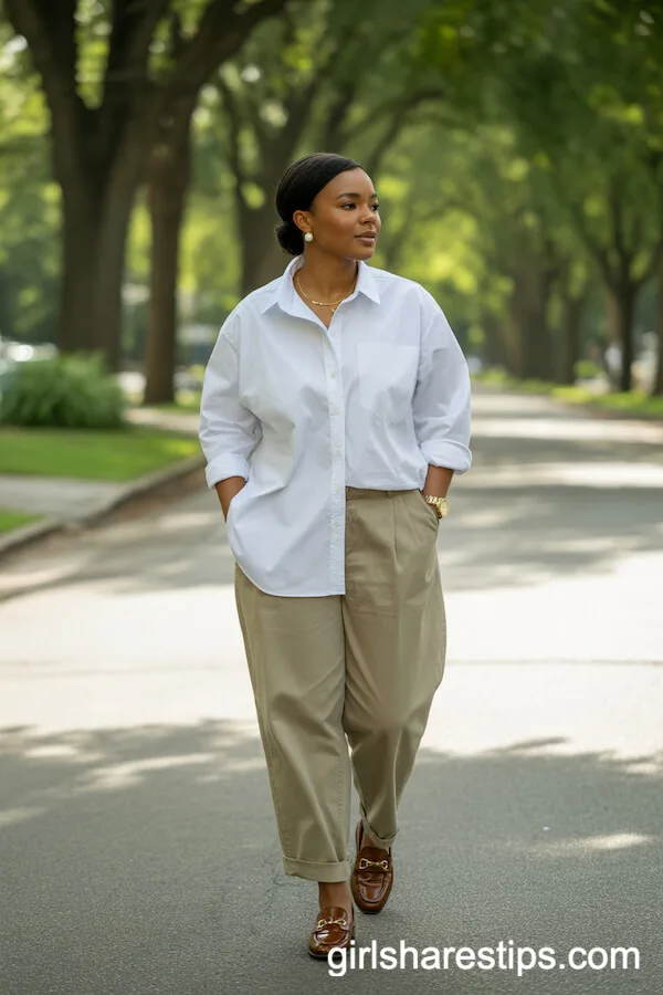 Crisp White Shirt and Khaki Pants with Loafers