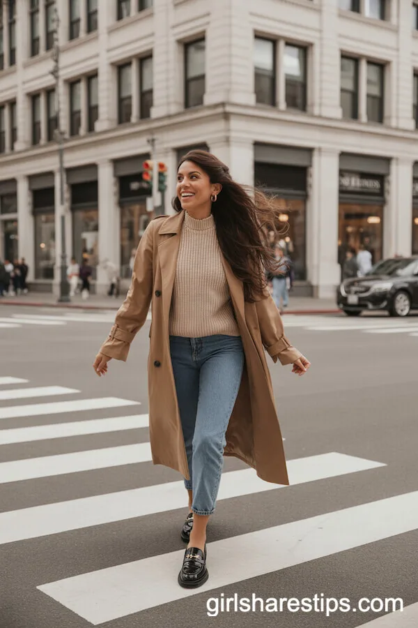 Camel Trench Coat and Blue Fitted Jeans