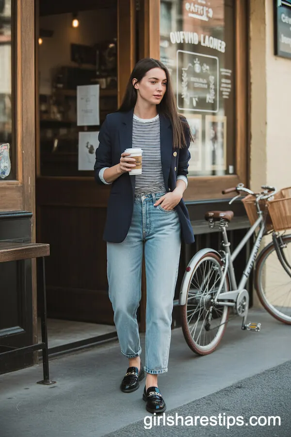 Navy Blazer with Striped Tee and Straight-Leg Jeans