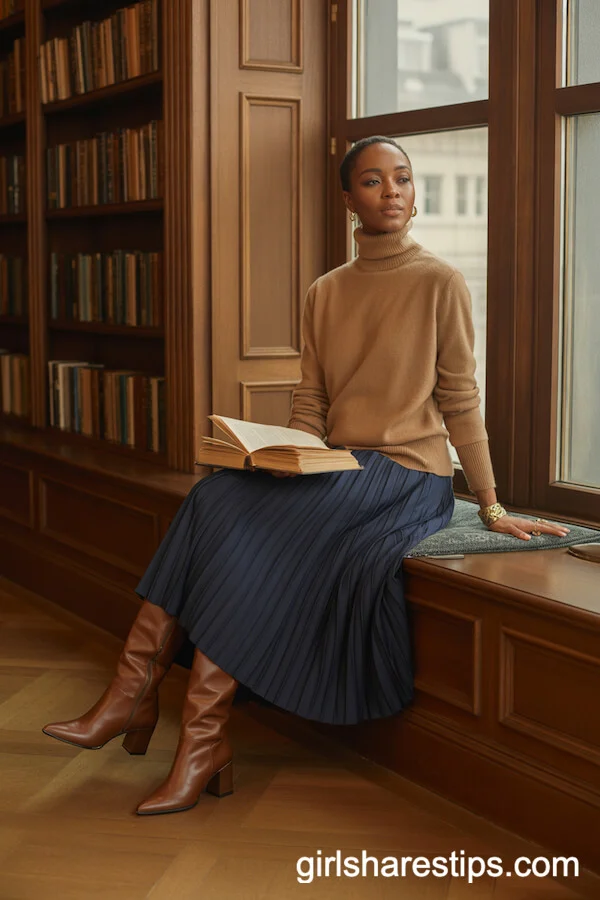Camel Turtleneck Navy Pleated Wool Midi Skirt