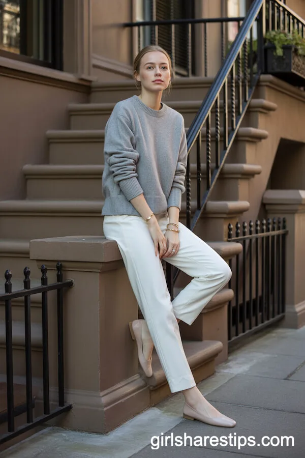 Grey Cashmere Sweater Tailored White Pants