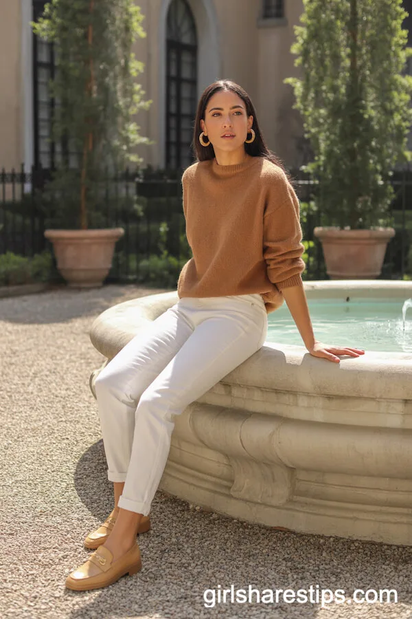 Camel Wool Sweater Fitted White Jeans
