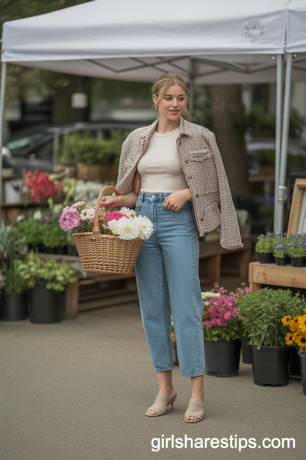 Tweed Jacket Over the Shoulders Cropped High-Waisted Jeans