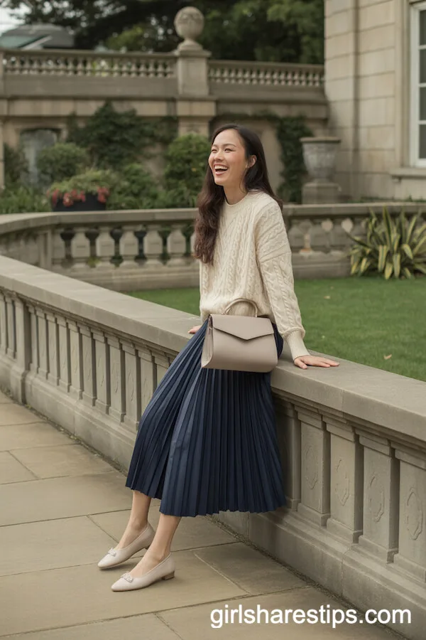 Cable Knit Sweater Navy Pleated Midi Skirt