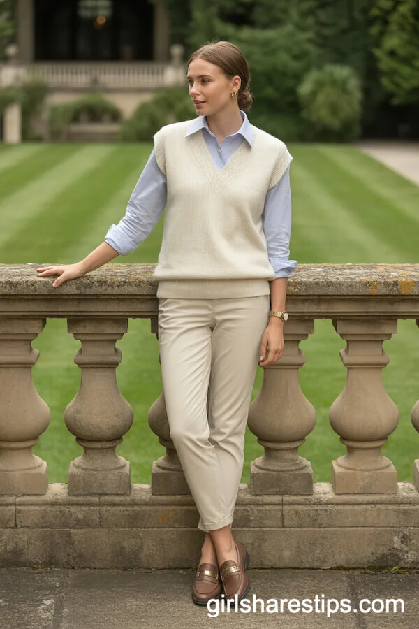 Sweater Vest with Blue Collared Shirt and Beige Chinos