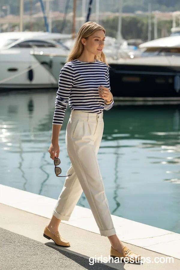 Breton Striped Top Off-White High-Waisted Trousers
