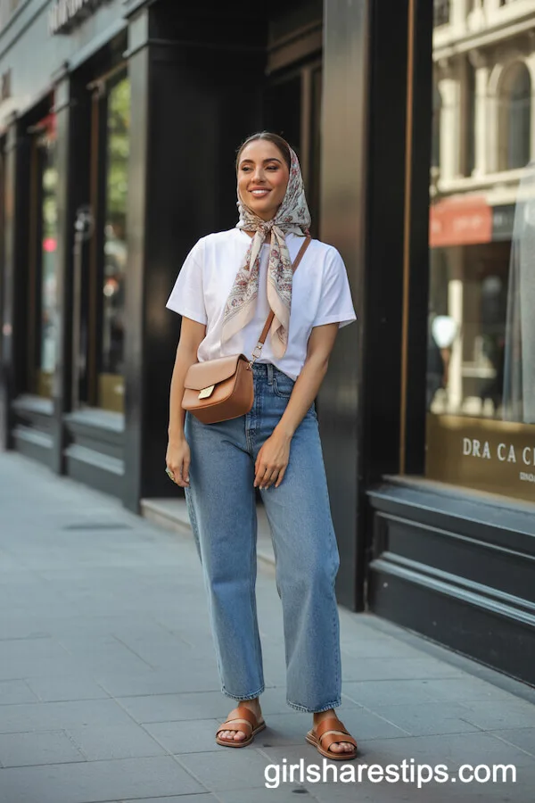Layered Silk Scarf White Tee Straight-Leg Jeans