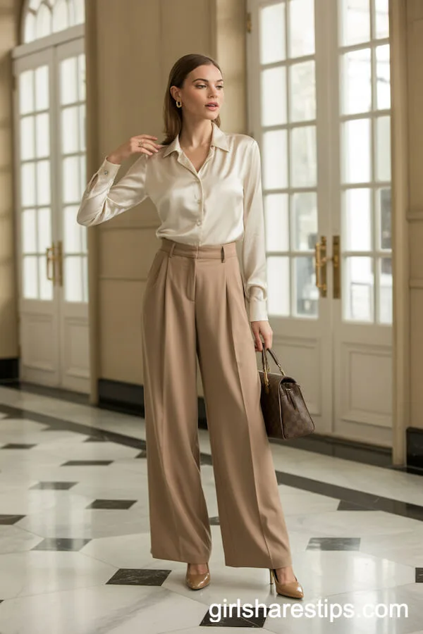 Cream Silk Blouse with Tailored Wide-Leg Trousers