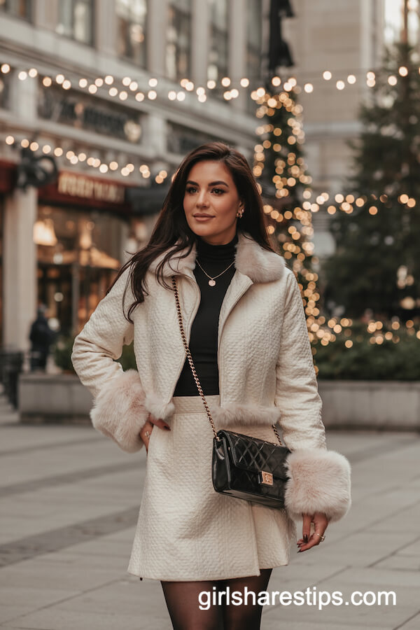 Cream Bouclé Jacket and Skirt Set with Black Accents