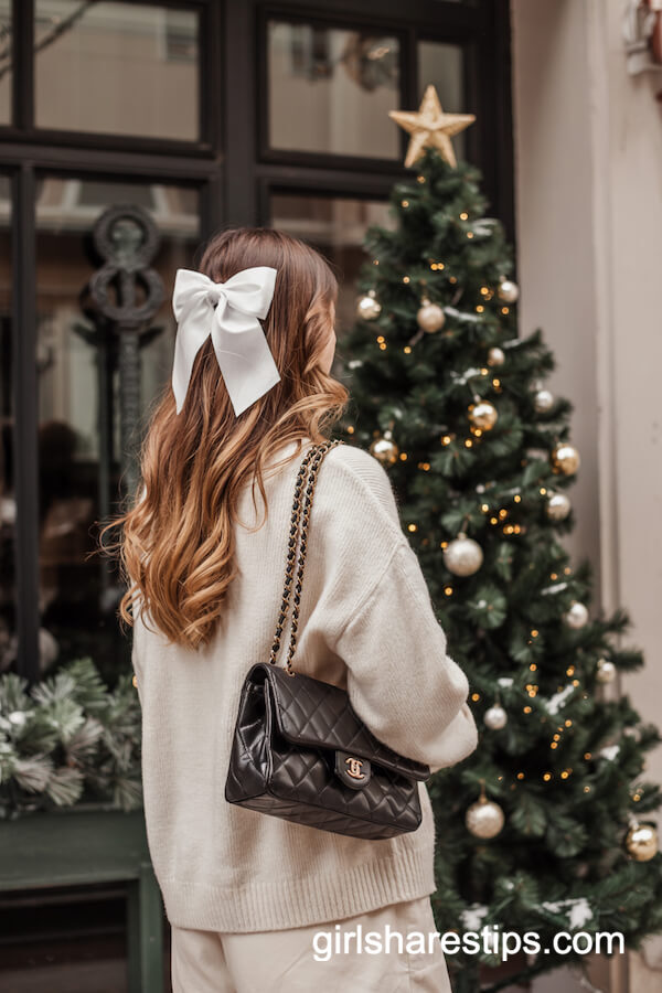 Chunky Knit Sweater and White Bow with Chanel Bag