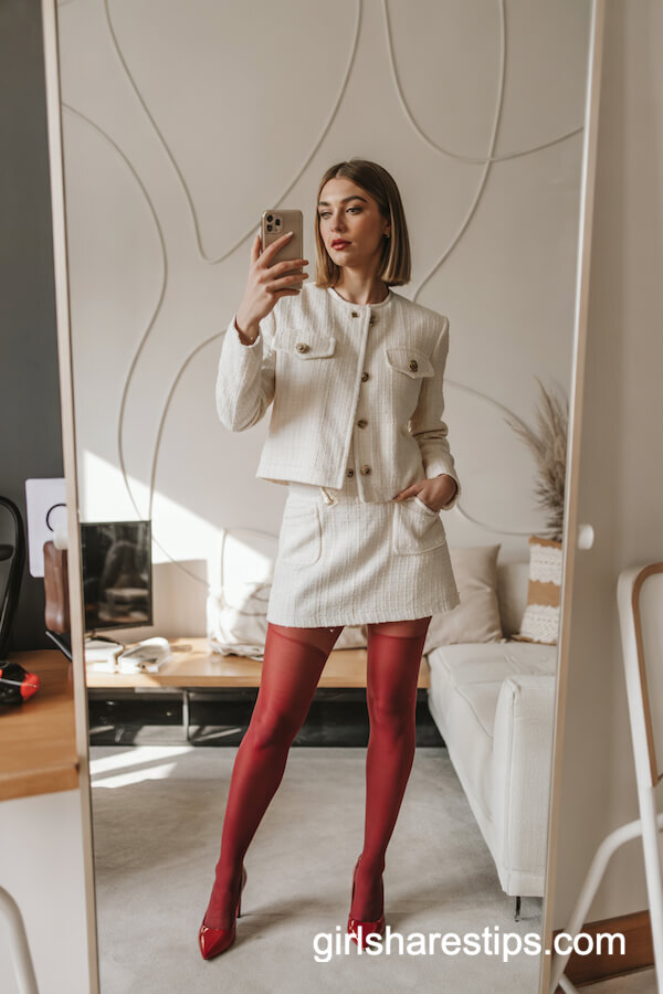 Off-White Tweed Jacket and Skirt with Red Tights