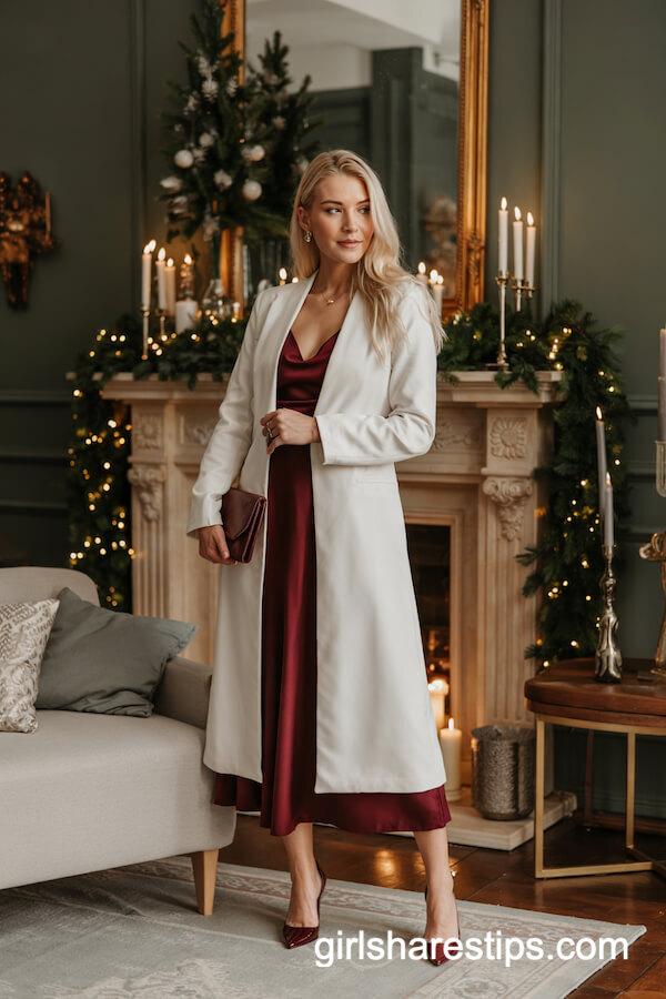 White Longline Coat over Burgundy Holiday Dress