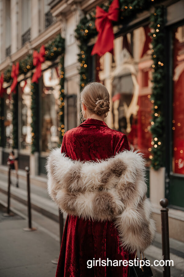 Deep Red Velvet Dress and Plush White Fur Stole
