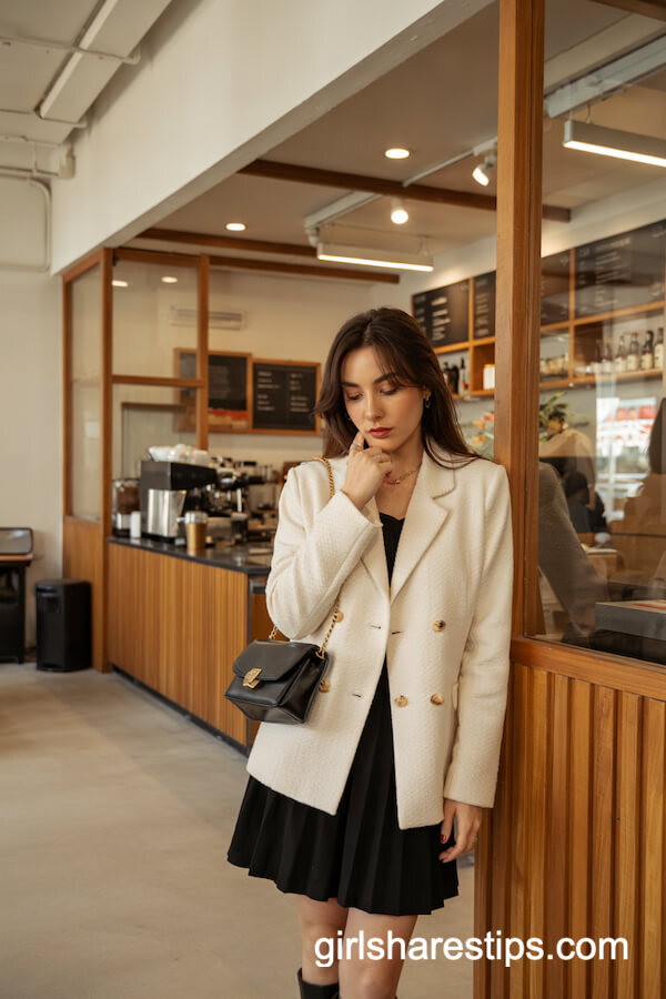 Cream Bouclé Blazer and Black Pleated Mini Skirt
