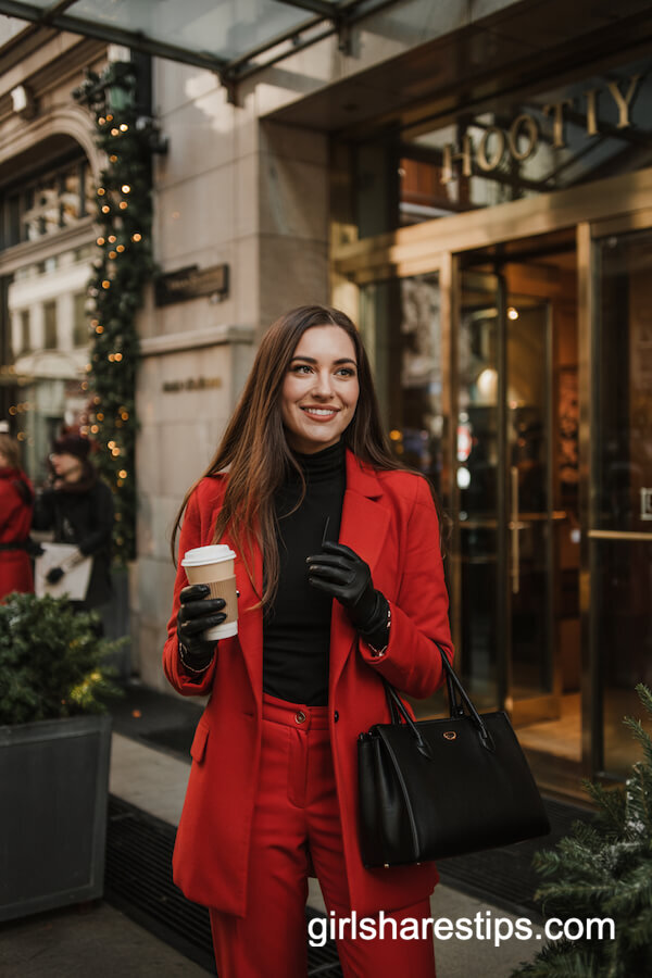 Red Tailored Coat and Trousers Holiday Ensemble