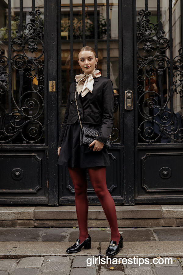 Classic Black Jacket, Skirt, and Cream Bow Scarf