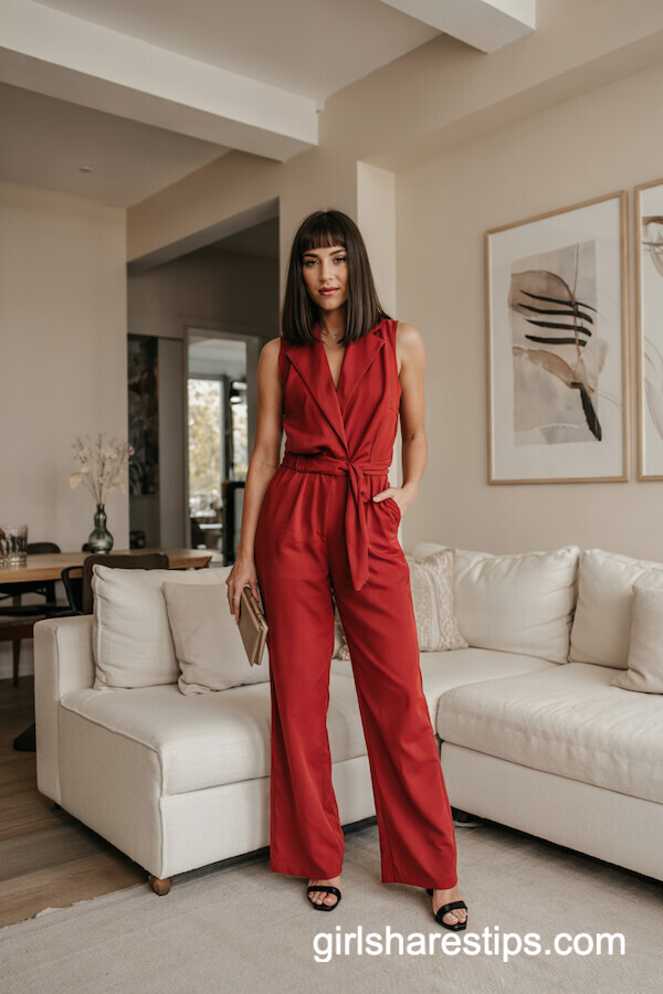 Red Sleeveless Jumpsuit Modern Festive Style