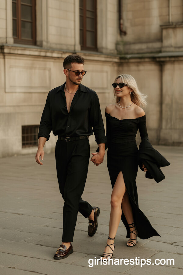 Off-Shoulder Black Dress Loafers Duo