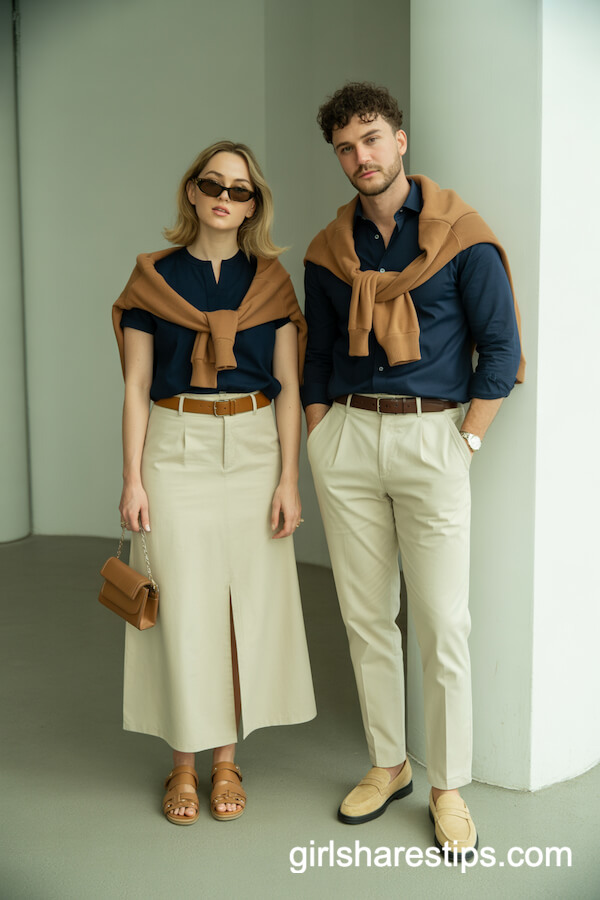Navy Top & Long Cream Skirt Coordination