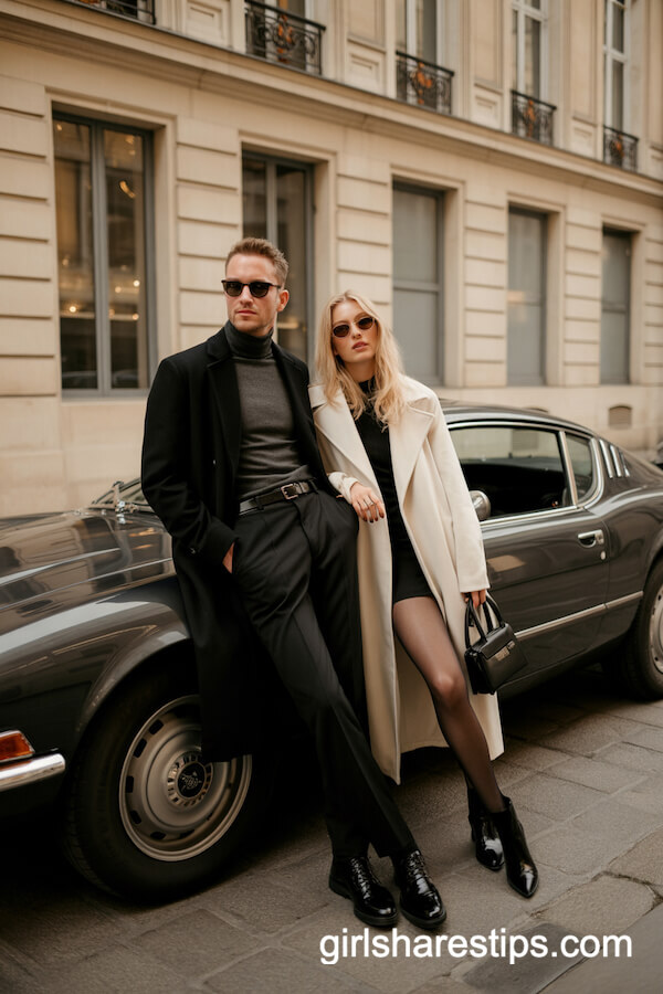 Black Turtleneck & Cream Coat Ensemble