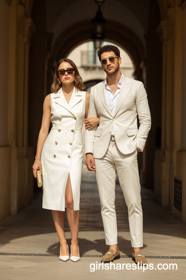 White Dress And Ivory Suit Pairing