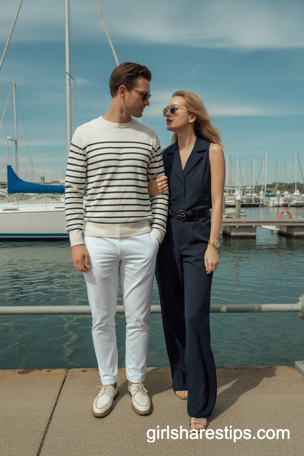 Striped Sweater & Navy Jumpsuit Look