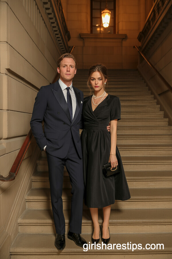 Navy Suit Tea-Length Black Dress