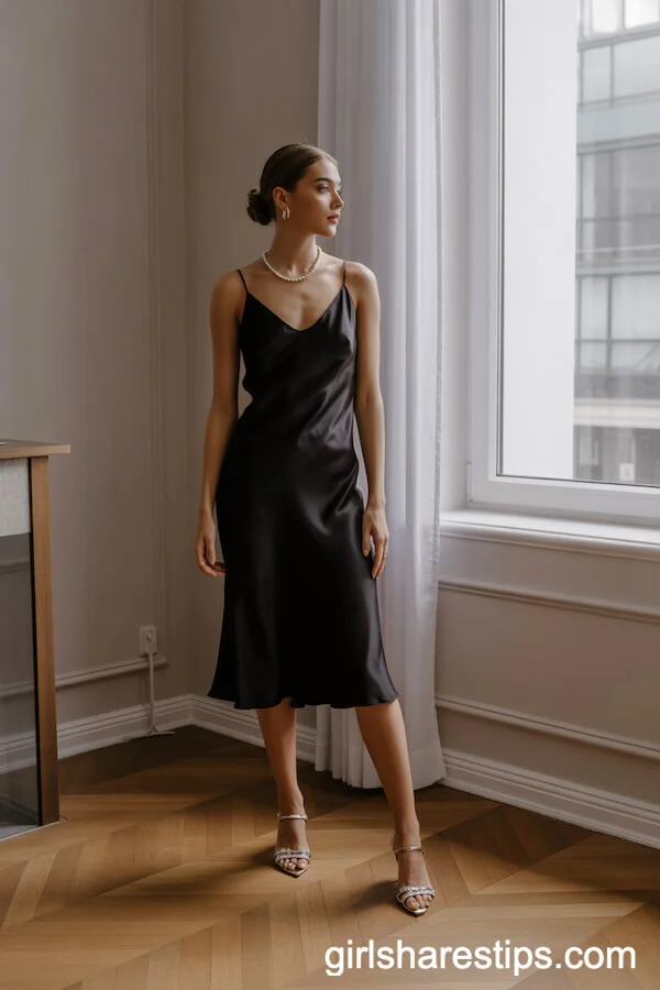 Classic Black Silk Slip Dress with Pearls: Timeless Elegance
