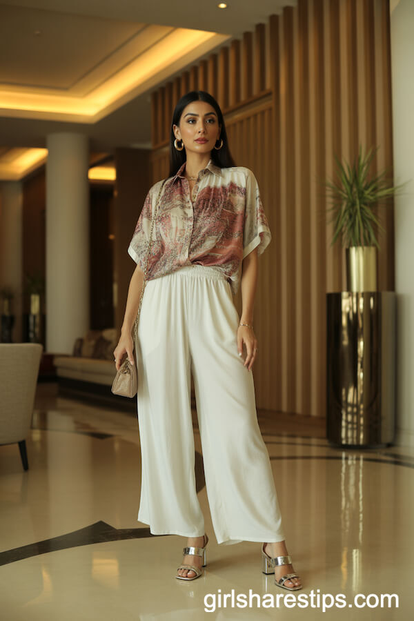 Vintage Silk Scarf Top and White Palazzo Pants Look