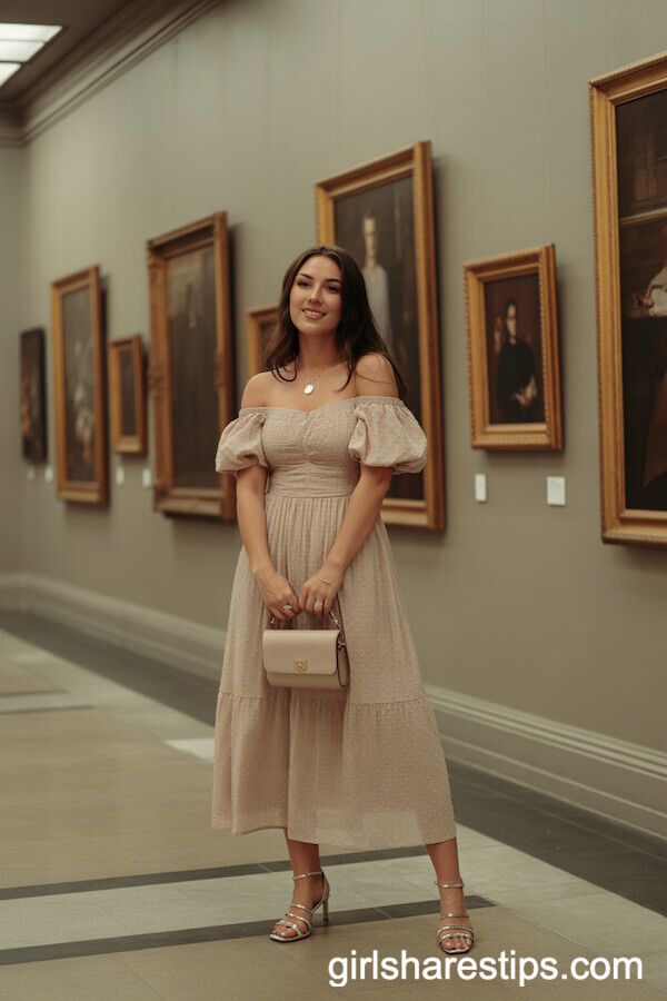 Blush Off-the-Shoulder Midi Dress for Artful Evenings