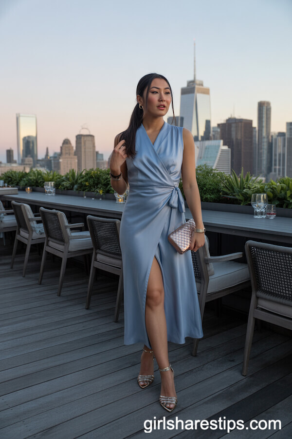 Powder Blue Silk Wrap Dress for Rooftop Elegance