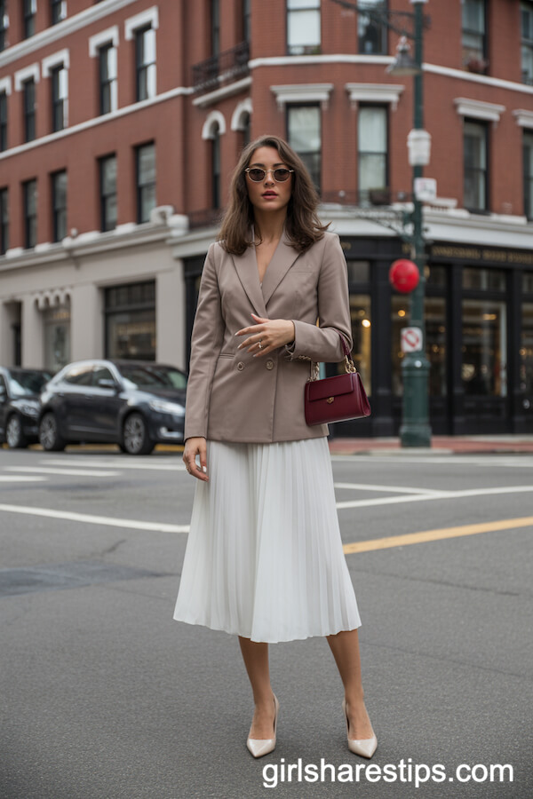 Taupe Fitted Blazer with Flowing White Midi Skirt