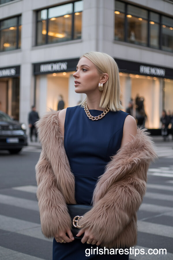 Navy Sheath Dress with Chunky Gold Chain and Luxe Coat