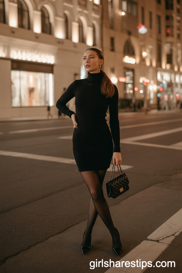 Fitted Black Turtleneck Mini Dress for Nocturnal Chic