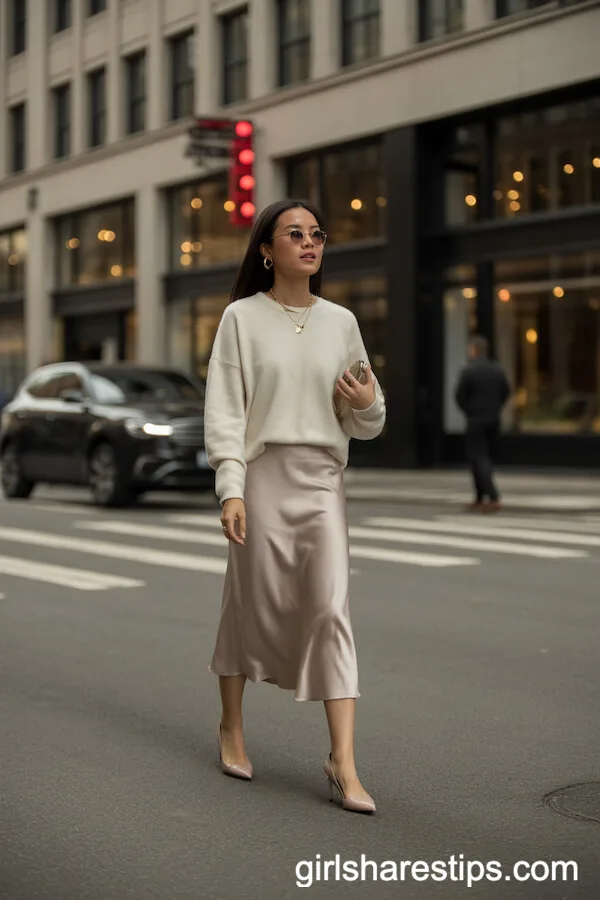 Ivory Cashmere Sweater Champagne Satin Midi Skirt