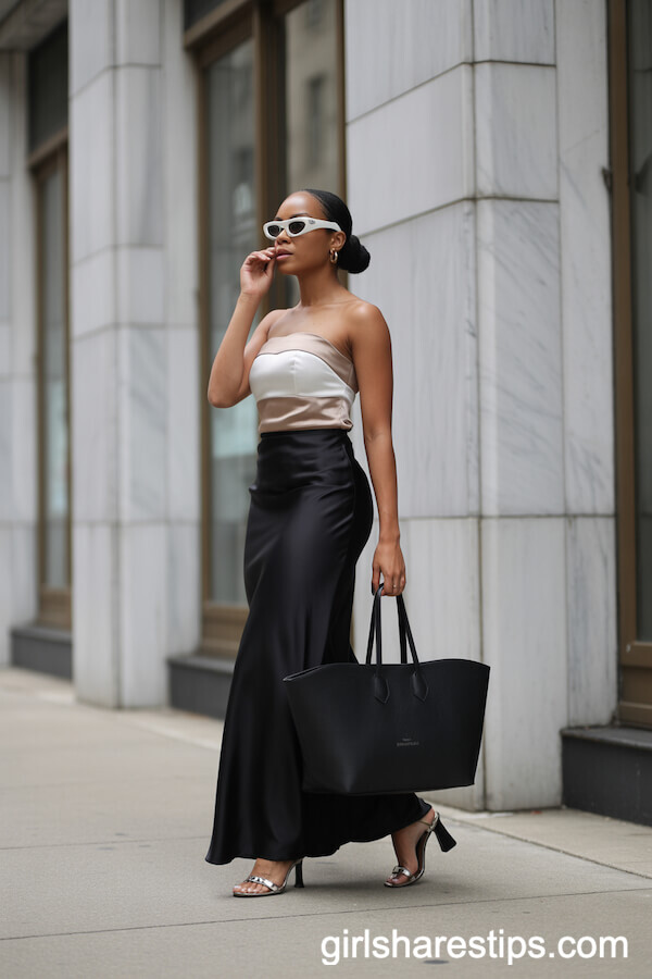 White-and-Beige Satin Top with Black Satin Maxi Skirt