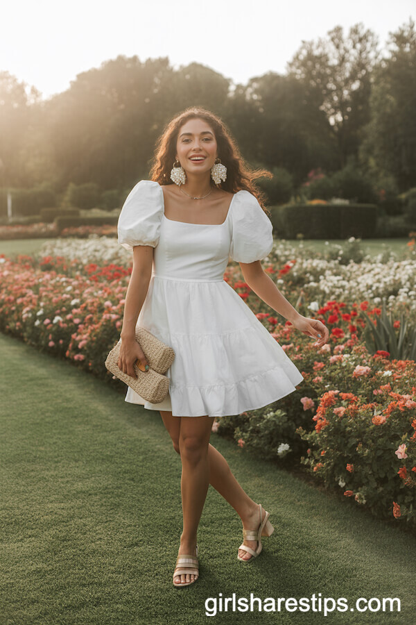White Puff-Sleeve Mini Dress and Pearls for Garden Romance