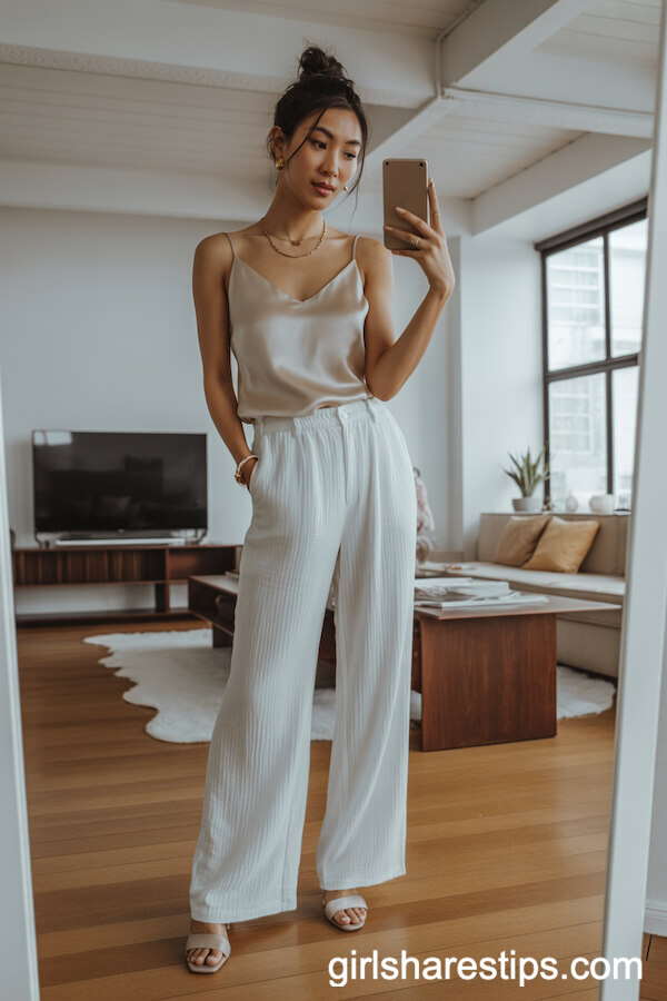 Ivory Wide-Leg Trousers and Champagne Silk Cami Ensemble