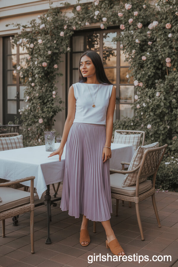 White Boatneck Top Lavender Pleated Midi Skirt