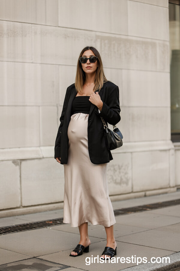 Black Blazer and Champagne Satin Skirt