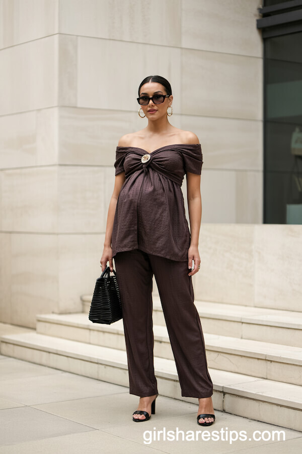 Brown Off-Shoulder Pants Set Outfit