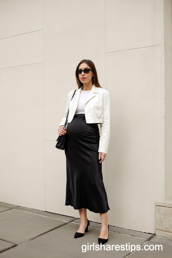 White Cropped Blazer and Black Satin Skirt