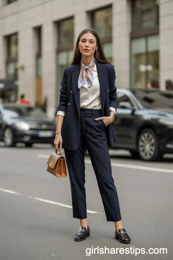 Navy Blazer and Pants with Silk Scarf and White Blouse