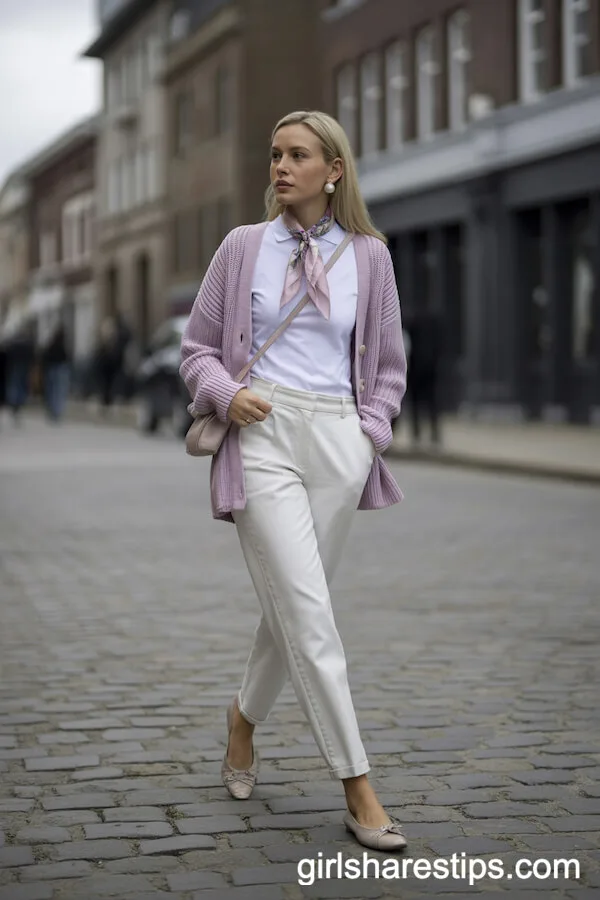 Pastel Cardigan with White Tailored Trousers and Silk Scarf