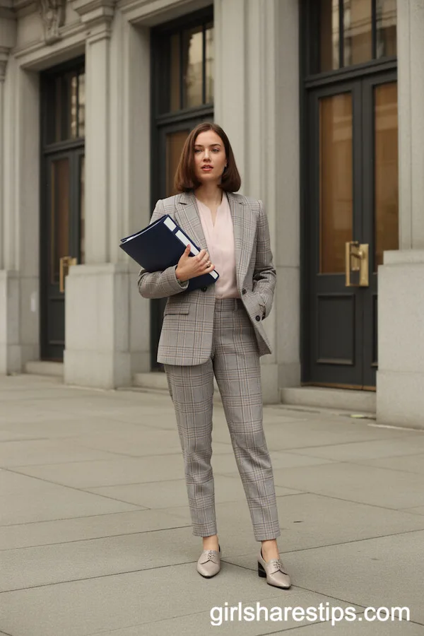 Glen Plaid Suit with Pale Pink Blouse