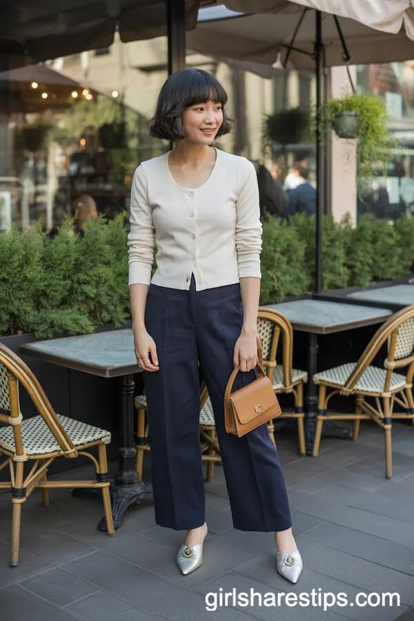 Cream Cardigan Navy Wide-Leg Pants