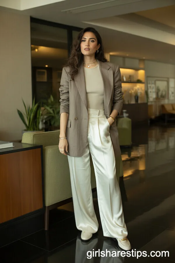 Taupe Linen Blazer Ivory Silk Trousers