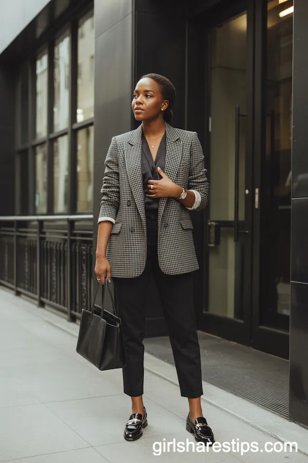 Houndstooth Blazer with Black Slim Trousers
